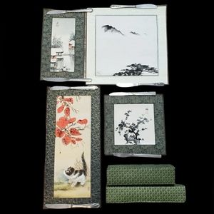 Asian Water Color Fabric Mat Paintings Tian Yu Signed Stamped 4 Piece With Box